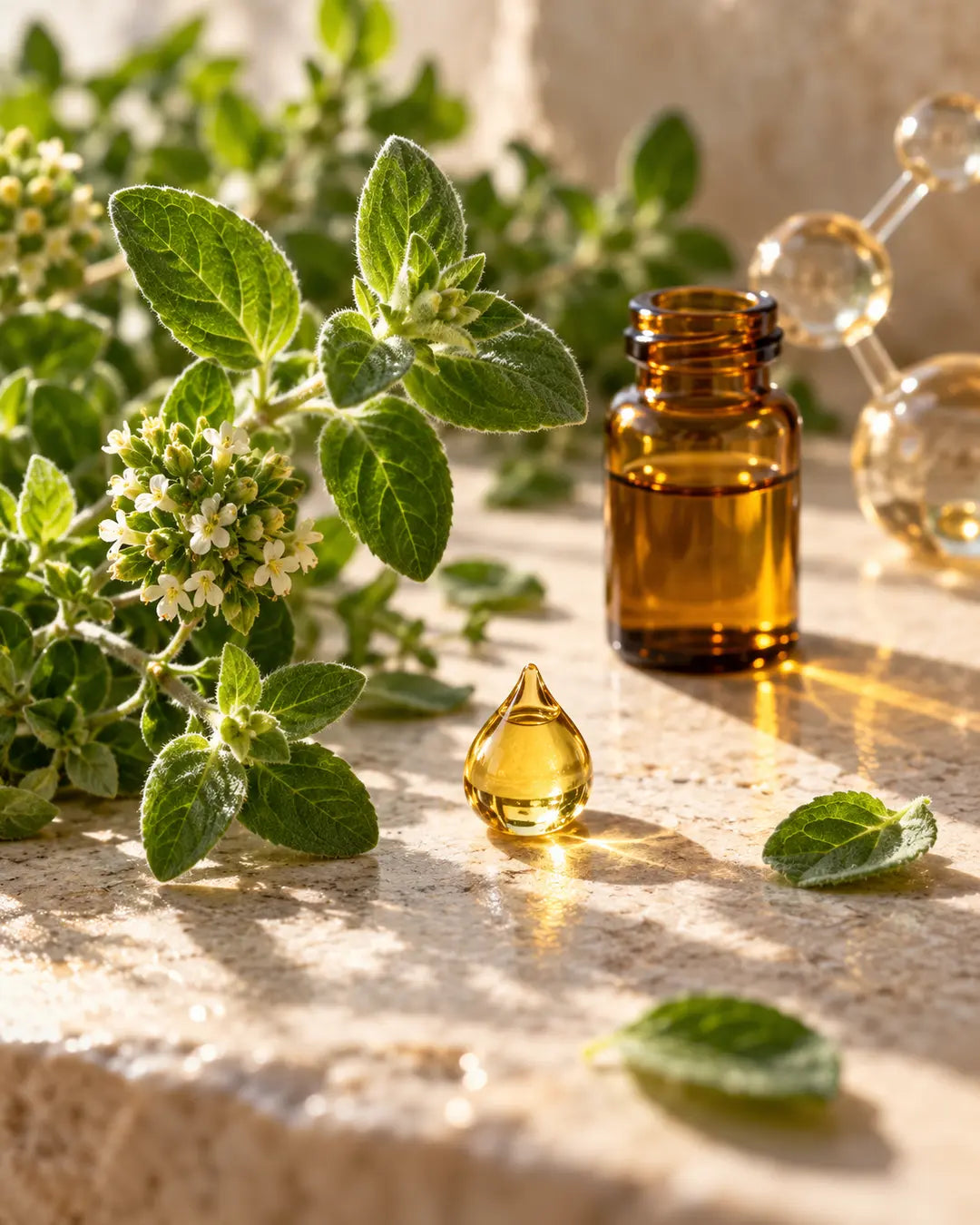 Oregano leaves and golden oil illustrating carvacrol
