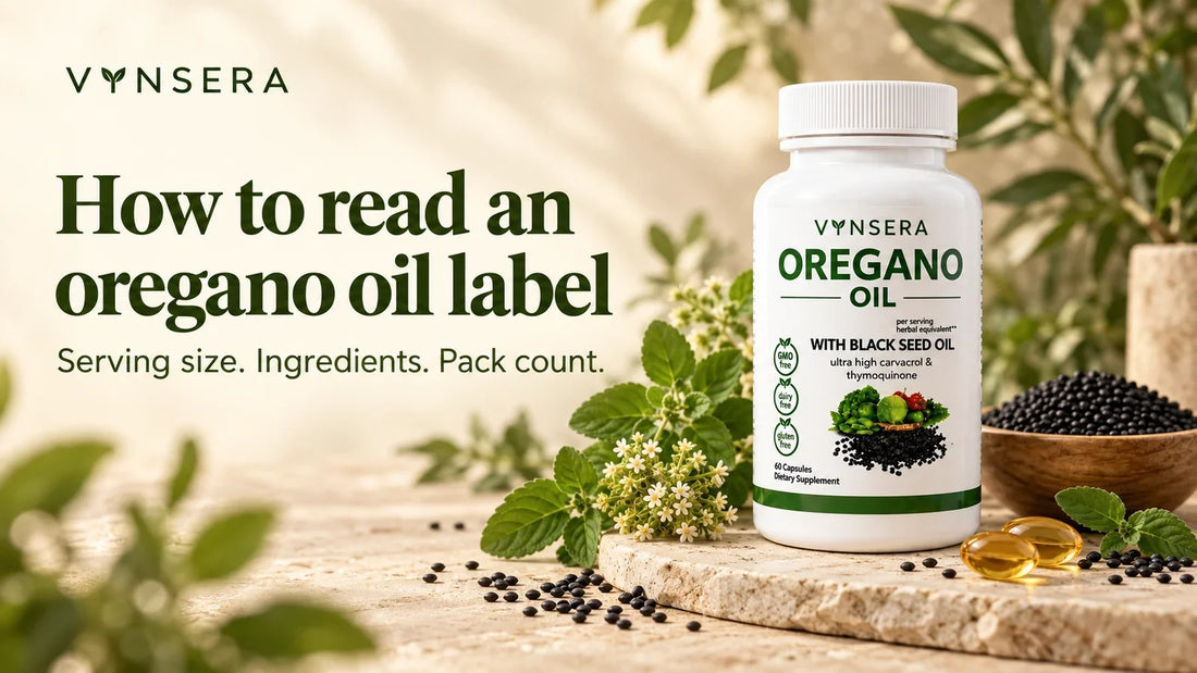 Vynsera oregano oil and black seed oil bottle with a guide to serving size, ingredients and pack count