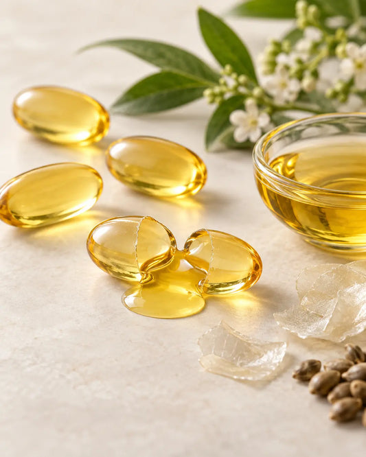 Golden softgels and botanical oil ingredients