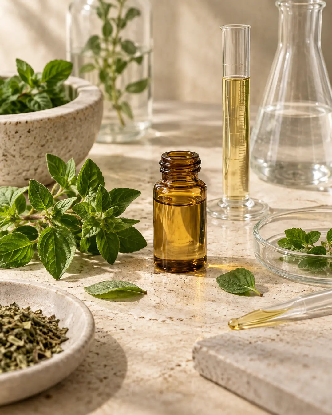 Botanical oil and oregano quality-control still life