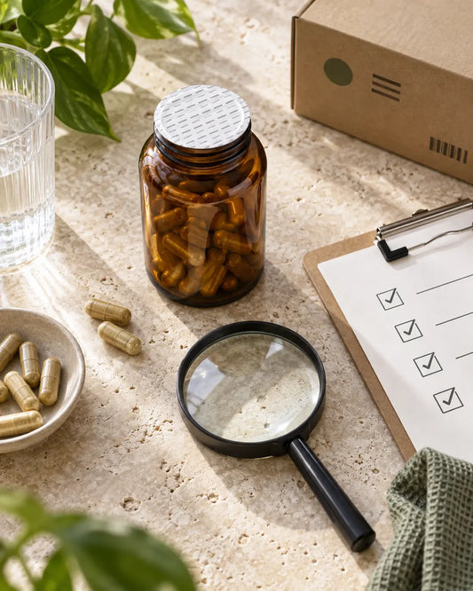 Supplement bottle, magnifying glass and quality checklist
