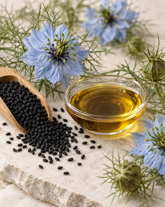 Nigella sativa flowers, black seeds and golden black seed oil