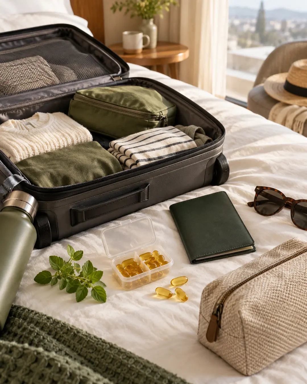 Carry-on luggage with supplement softgels and travel essentials
