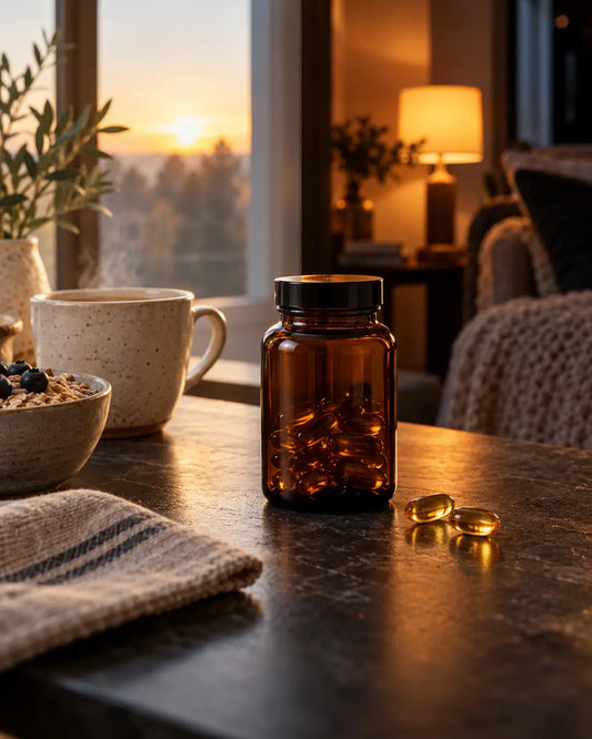 Unlabelled amber jar and softgels in a morning and evening setting