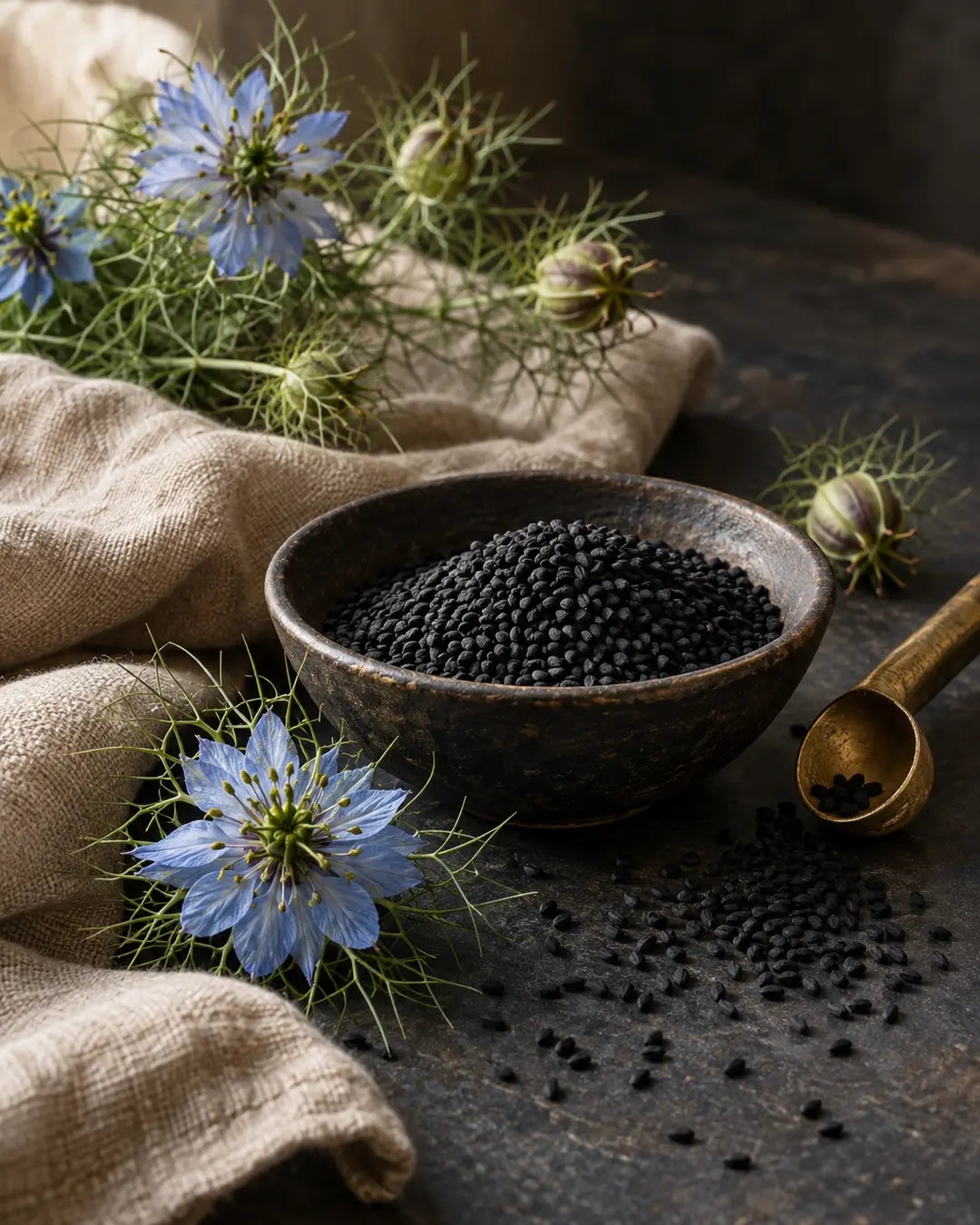 Nigella sativa flowers and black seeds in an editorial still life
