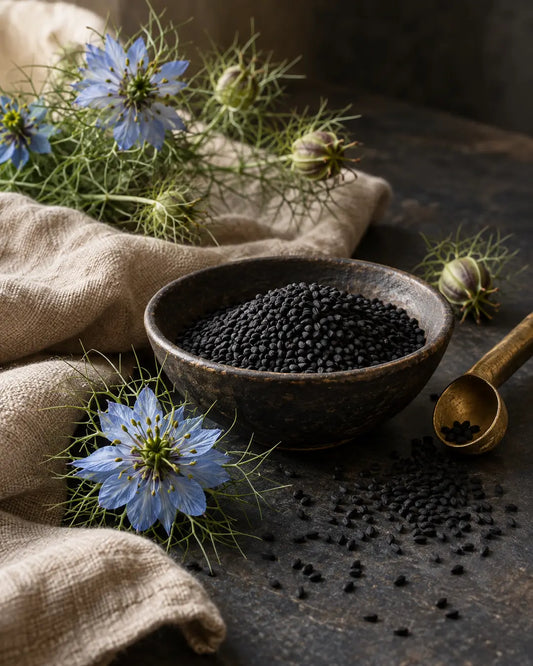 Nigella sativa flowers and black seeds in an editorial still life