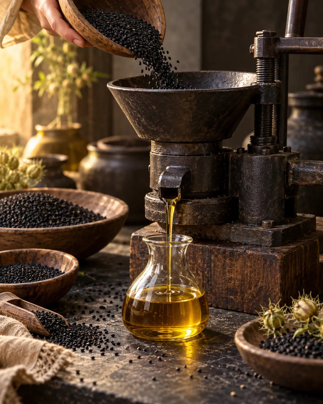 Black seeds being mechanically pressed into golden oil