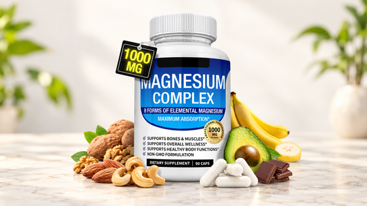 Magnesium Complex bottle with nuts, avocado and other food props on a light landscape background