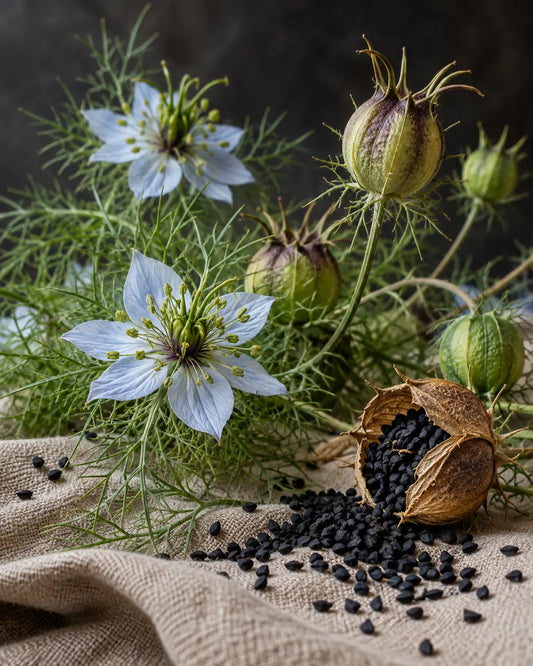 Nigella sativa flowers, seed pods and black seeds