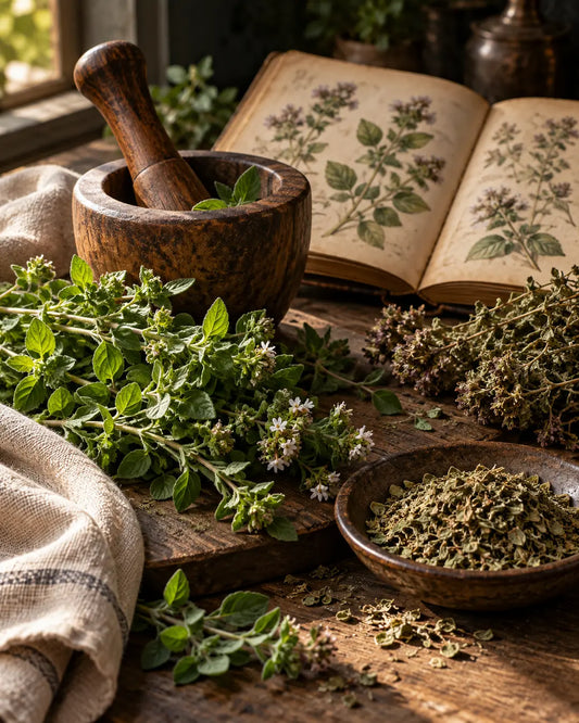 Fresh and dried oregano with a mortar and botanical notebook