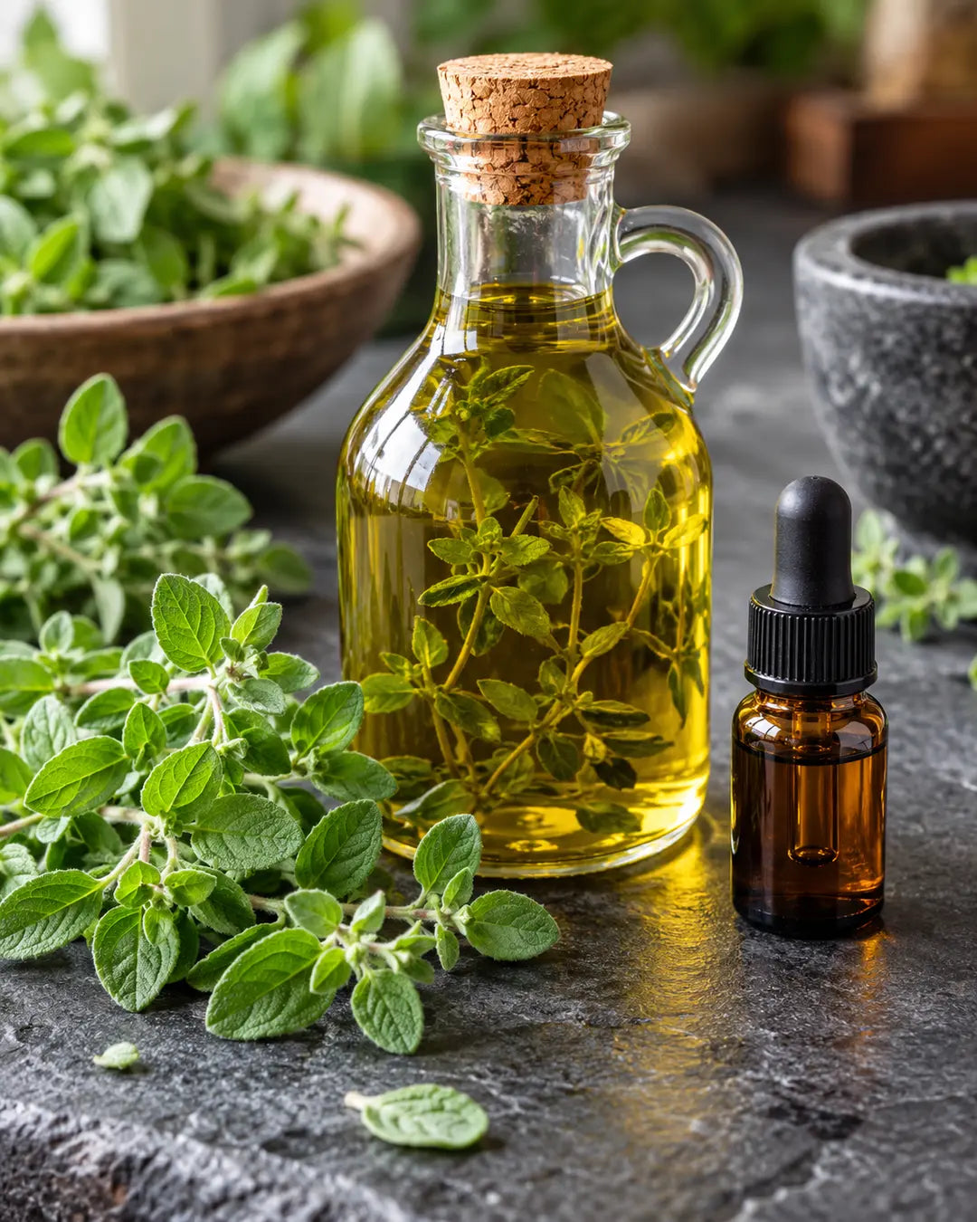 Oregano-infused culinary oil beside an unlabelled essential-oil vial