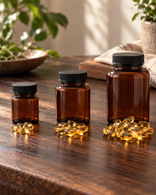 Three unlabelled amber containers with increasing groups of softgels