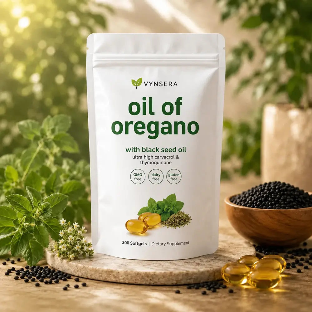 Vynsera Oregano Oil with Black Seed Oil pouch — 300 softgels — with black seeds and golden softgels