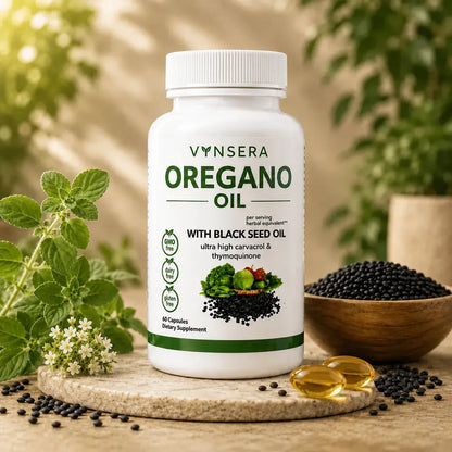 Vynsera Oregano Oil with Black Seed Oil bottle — 60 softgels — with black seeds and golden softgels