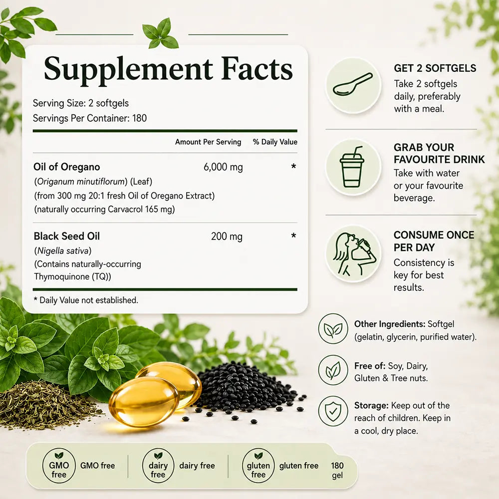 Oregano oil and black seed oil supplement facts panel - 180 softgels