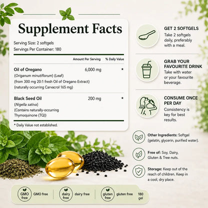Oregano oil and black seed oil supplement facts panel - 180 softgels