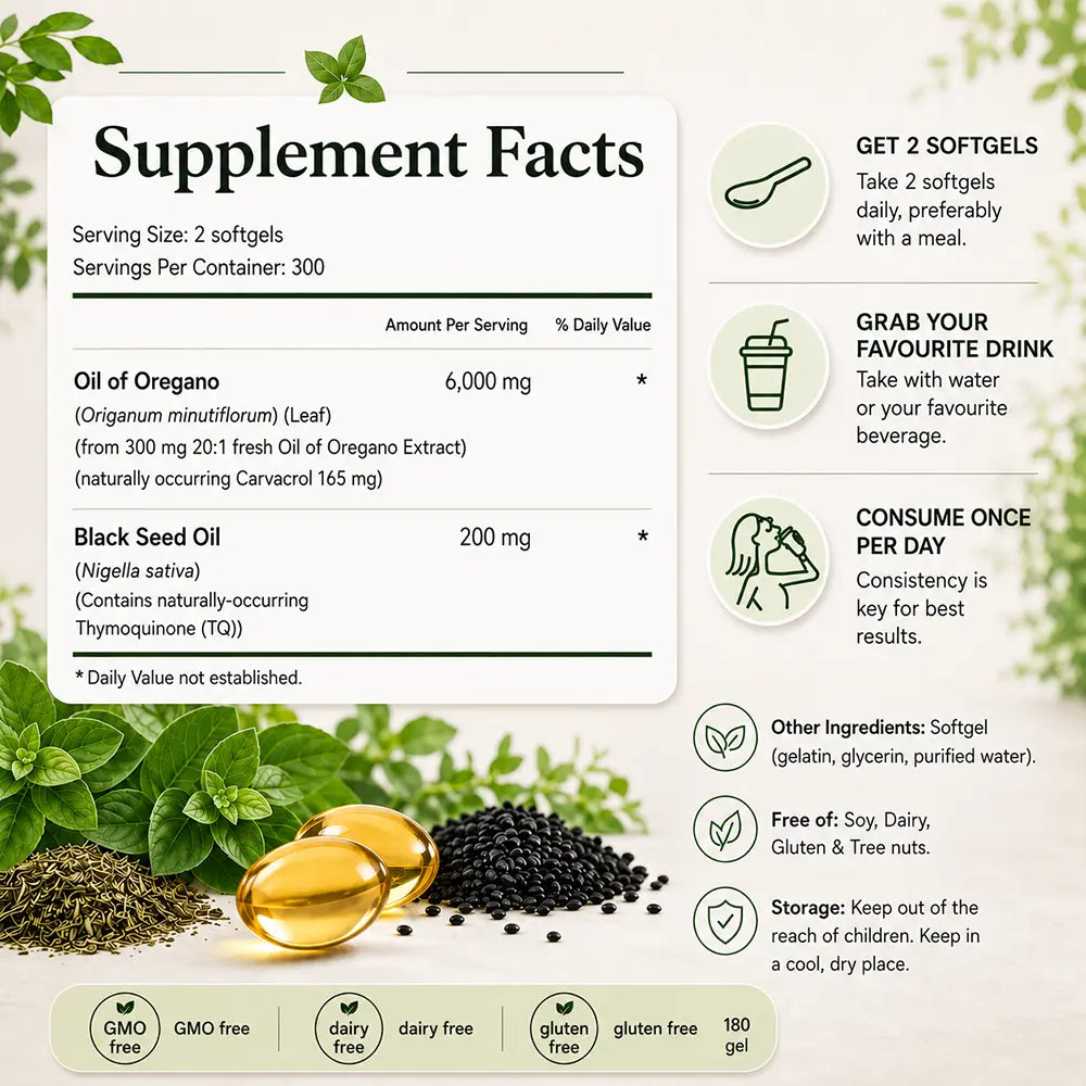 Oregano oil and black seed oil supplement facts panel - 300 softgels
