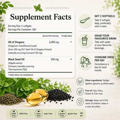 Oregano oil and black seed oil supplement facts panel - 300 softgels