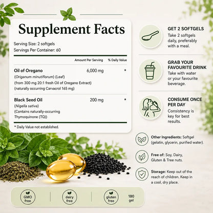 Oregano oil and black seed oil supplement facts panel - 60 softgels