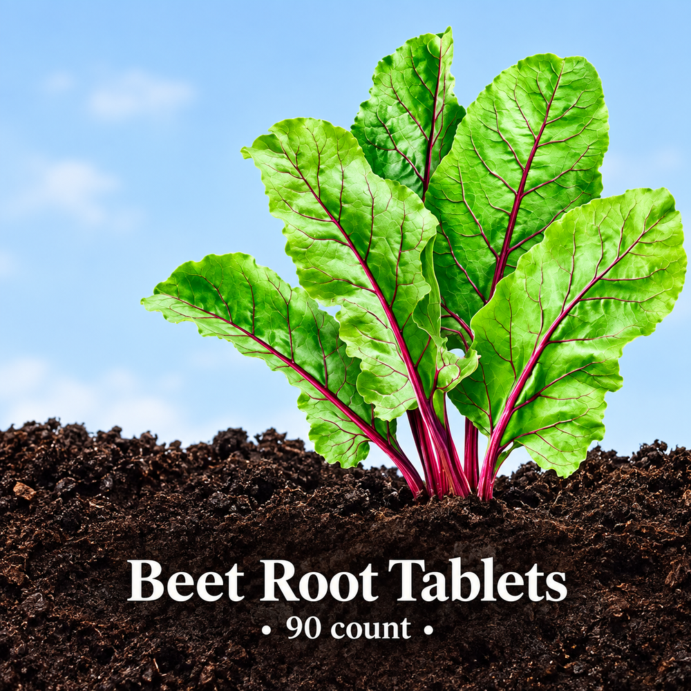 Vynsera Beet Root Tablets shown with beet greens