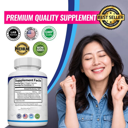 Magnesium Complex supplement facts and quality graphic with Asian woman