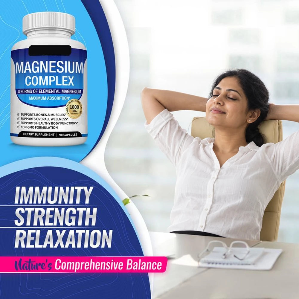 Magnesium Complex relaxation graphic with South Asian woman