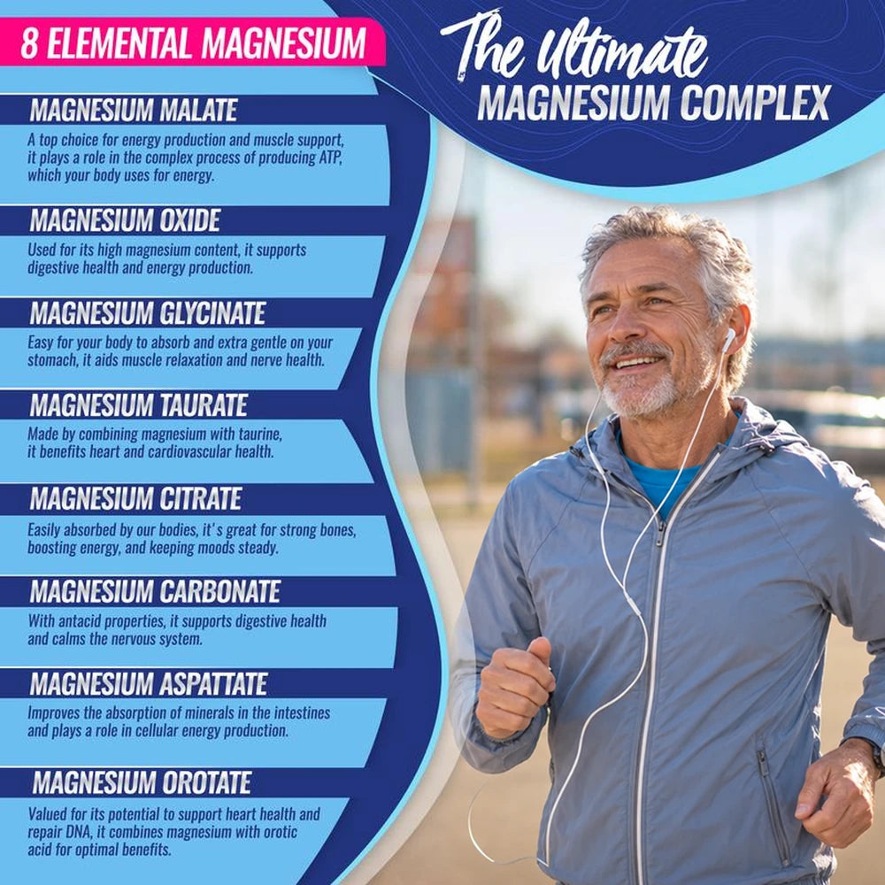 Eight magnesium forms graphic with older man jogging
