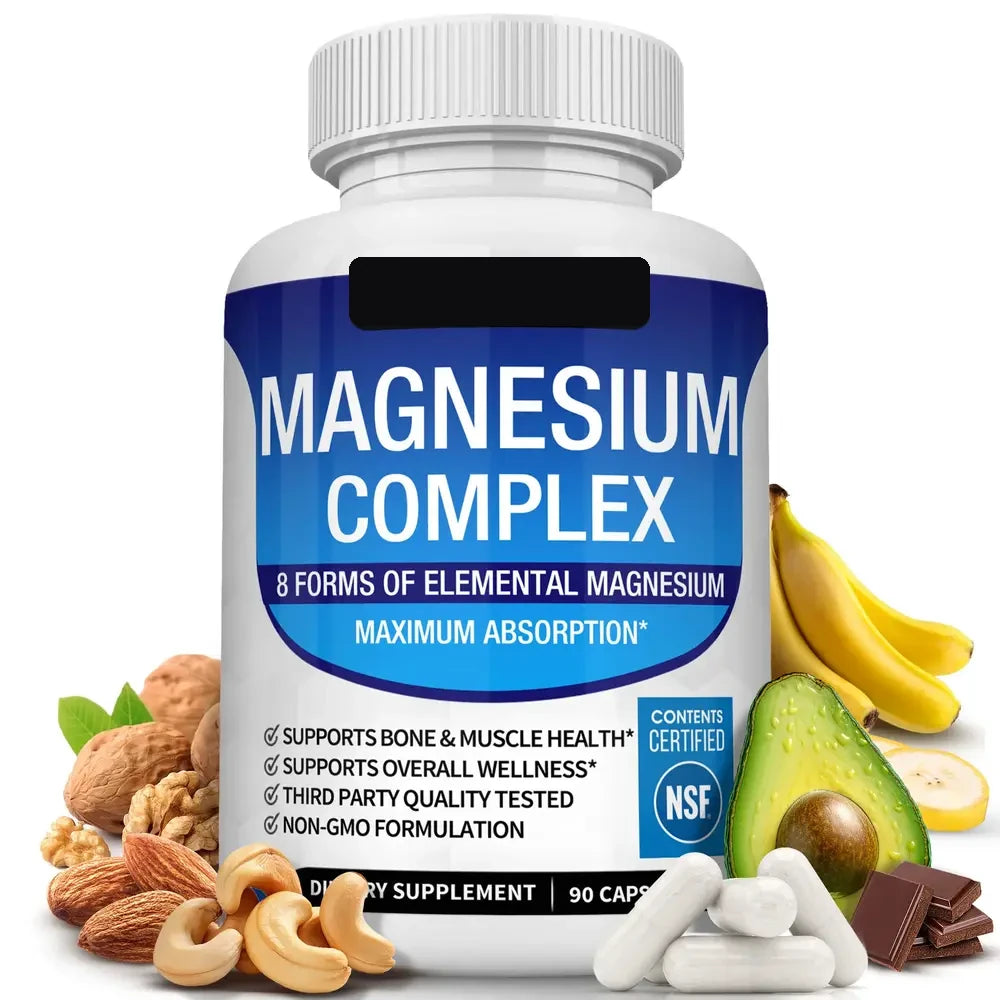 Magnesium Complex bottle with ingredients and capsules
